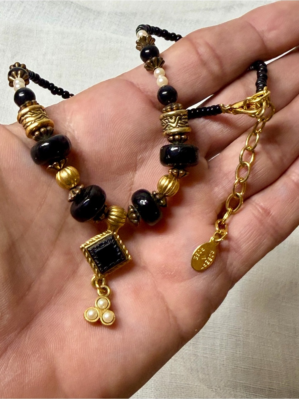 Vintage Robert Rose Black Bead Gold Boho Statement Pendant Necklace Choker